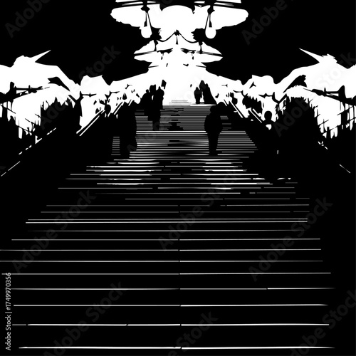 Silhouetted Figures Ascending Staircase Towards Bright, Abstract Architectural Structure.