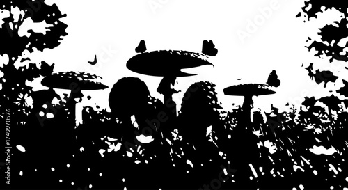 Silhouetted Group of Mushrooms with Diverse Cap Shapes and Stems in Forest.