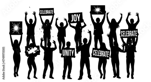 Silhouetted Group of People Celebrating with Signs, Expressing Joy and Unity.