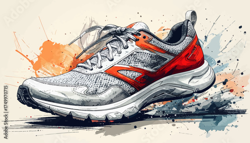 Red and white running shoe splash art