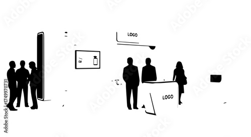 Silhouetted Group of People Standing and Interacting in an Exhibition or Event.