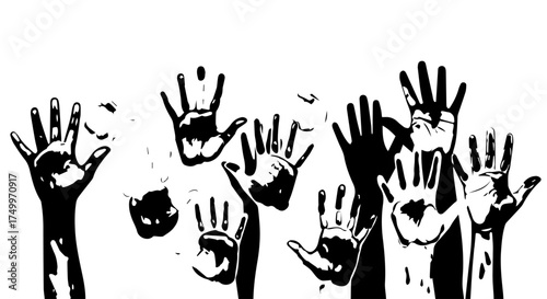 Silhouetted Hands Reaching Upward in Various Gestures, Black and White.