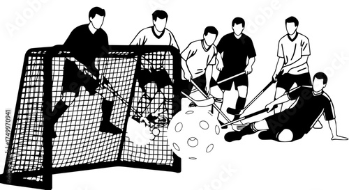 Silhouetted Hockey Players in Action, Scoring Goal, with Net and Ball.
