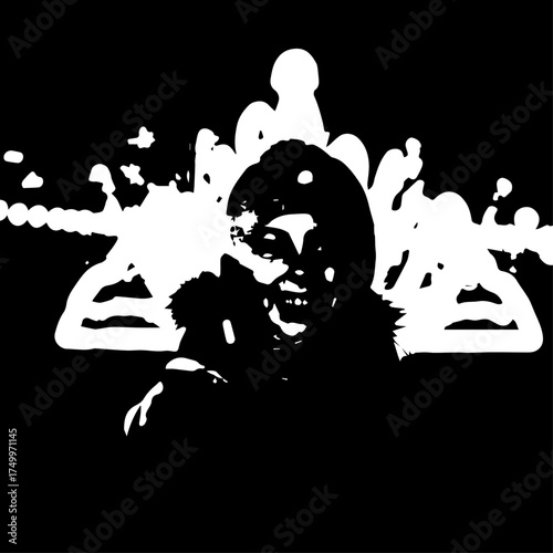 Silhouetted Portrait of a Smiling Person with Abstract Splatter Design.