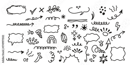  Line cute element set. Hand-drawn sketch doodle style arrow, cloud, star with marker stroke pencil highlight. Doodle sketch heart, star, cloud cartoon sticker shapes