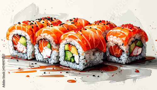 Salmon sushi rolls with roe and wasabi