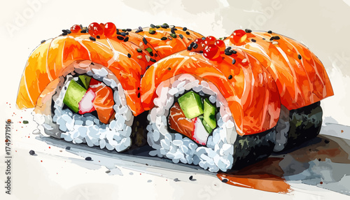 Salmon sushi rolls with sesame seeds and roe