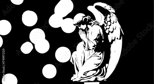 Silhouetted Weeping Angel Statue with Large Feathered Wings, Dramatic Pose.