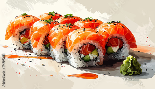 Salmon sushi rolls with wasabi and soy sauce