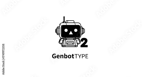 Simple Black and White Cartoon Robot with Antenna and Number Two.