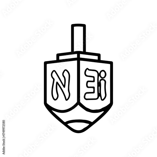 Simple Black and White Dreidel Illustration with Hebrew Letters for Hanukkah Celebration.