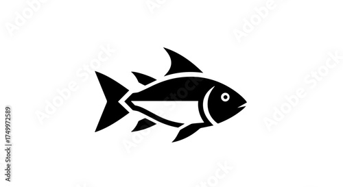 Simple Black and White Fish Icon with Detailed Fins and Eye, Isolated.