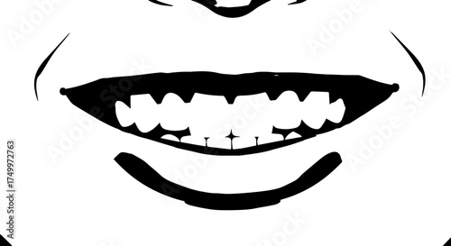 Simple Black and White Illustration of a Smiling Mouth with Teeth.