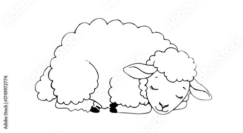 Simple Black and White Illustration of a Sleeping Fluffy Sheep.