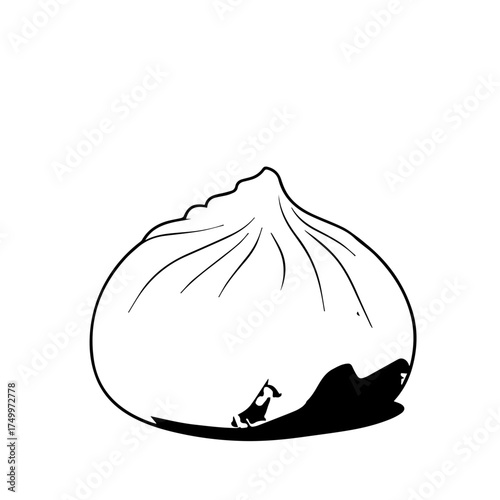 Simple Black and White Illustration of a Steaming Dumpling with Shadow.
