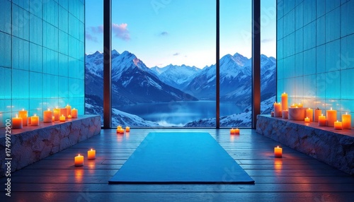 Mindfulness retreat with snowy mountain view and calming candle ambiance