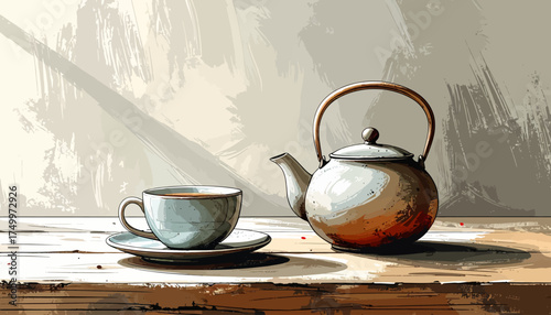 Teapot and cup of tea on wooden table