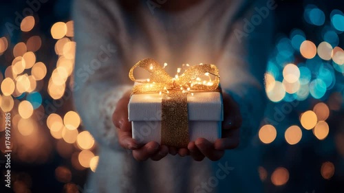 Hands holding a glowing gift box with a golden bow and fairy lights.