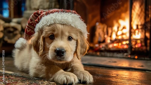 Golden Retriever puppy wearing a Christmas hat by a cozy fireplace