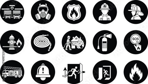 Fire safety icon vector set, emergency response symbols, firefighter equipment clipart, evacuation and alarm design, black and white rescue graphic collection