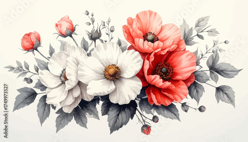 Red and white flowers bouquet with foliage