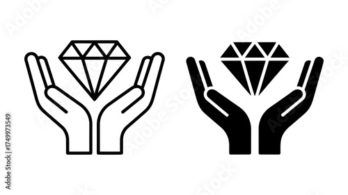Vector art of hands holding a diamond symbol of care, protection, love, value, wealth, luxury, and preciousness in a minimalist style