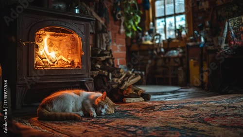 Cozy scene with a cat sleeping near a fireplace