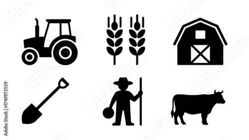 Vector art of farm life icons featuring a tractor, wheat, barn, shovel, farmer, and cow, representing agriculture and rural living