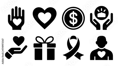 Vector art of collection of charity and donation icons, featuring symbols of love, support, and financial contribution