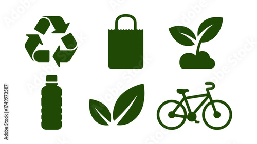 Vector art of green eco friendly icons symbols of recycling, reusable bag, plant, bottle, leaf, and bicycle for sustainable living