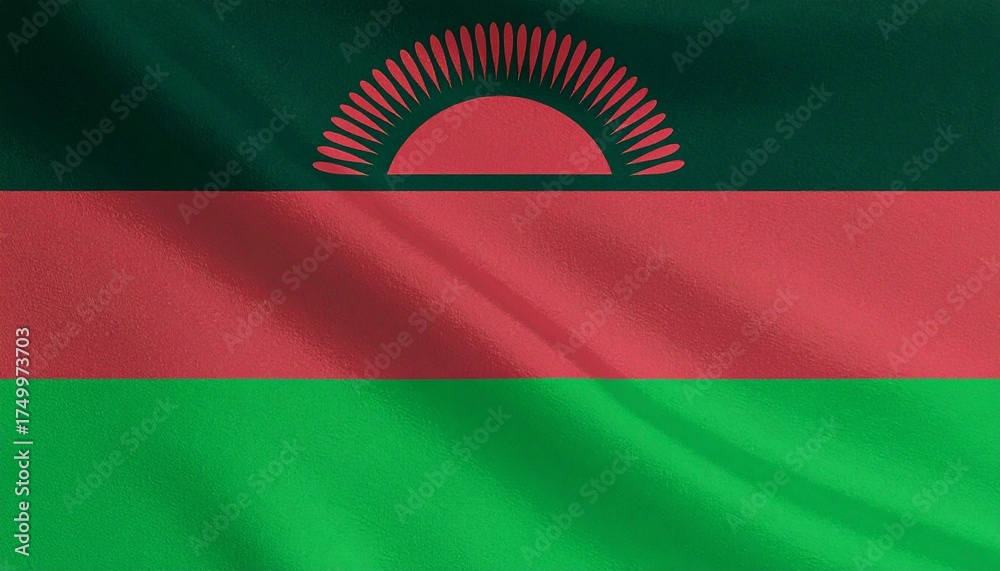 Obraz premium Malawi national flag with horizontal black, red, and green stripes featuring a red rising sun with 31 rays—symbolizing African identity, nature, and freedom.