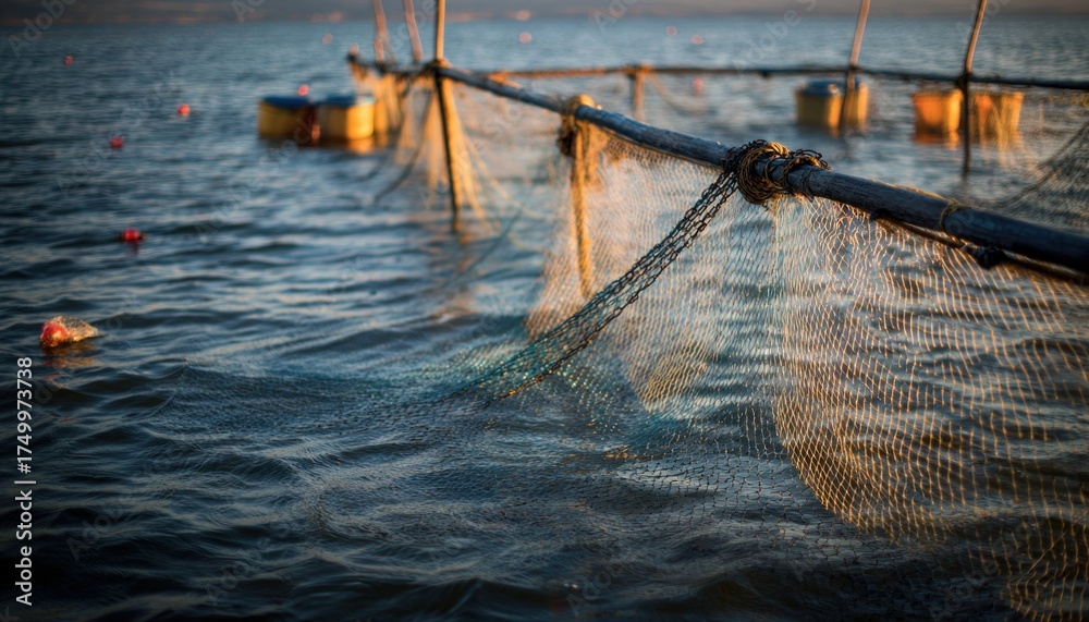 Fototapeta premium Fishing nets are suspended over calm water, with wooden poles bracing the structure, creating a serene aquatic scene with natural reflections