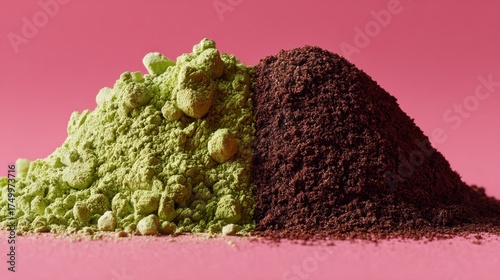 Green tea powder and cocoa powder in a colorful display showcasing different textures, suitable for culinary uses, placed on a pink background