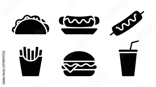 Vector art of fast food icon set in black silhouette, a collection of popular junk food