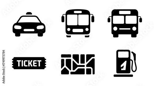 Illustration of various public transportation icons includes taxi, bus, ticket, map, and gas station