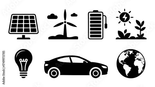 Illustration of renewable energy sources and sustainable transportation includes solar panel, wind turbine, battery, sun, lightbulb, car, and earth