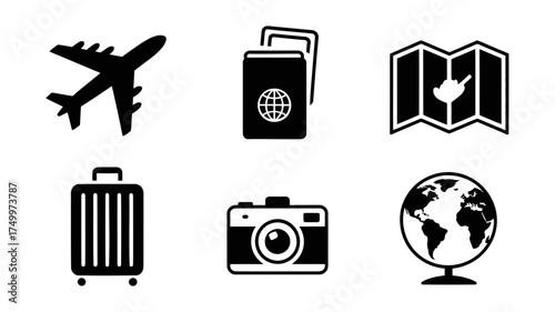 Vector art of travel and tourism icons set, featuring airplane, passport, map, suitcase, camera, and globe for vacation planning