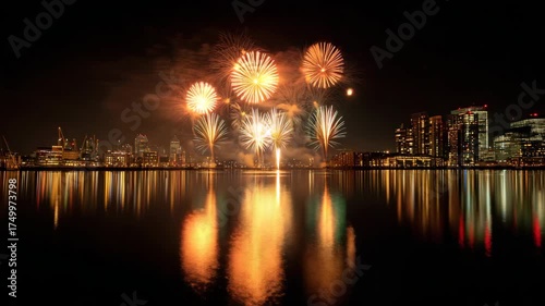 Fireworks display over a city reflecting in the water at night.