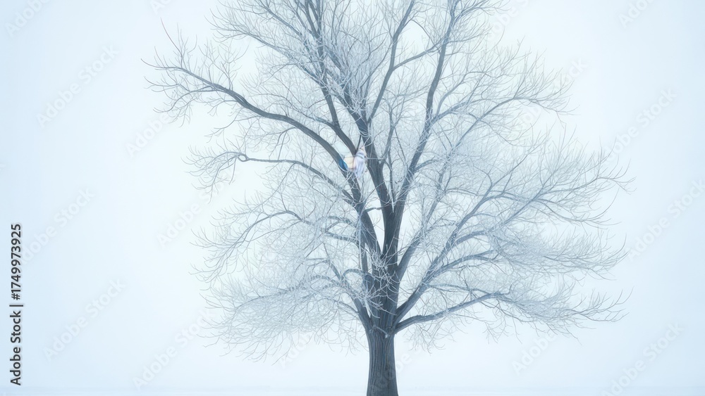 Obraz premium Stark, frosted tree stands against a white, overcast sky, creating a serene, minimalist winter scene