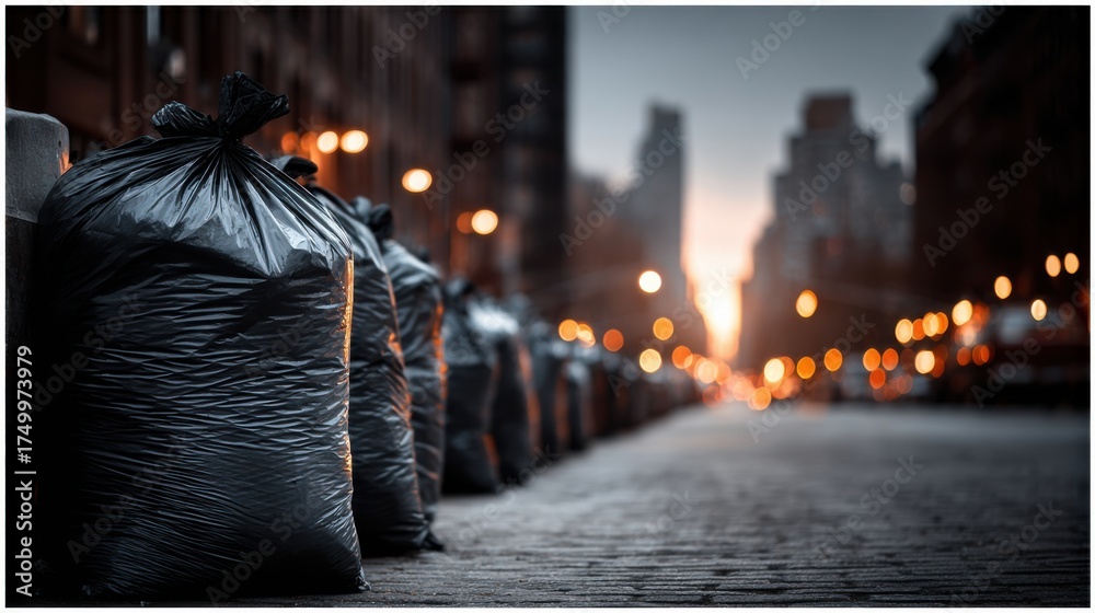 Obraz premium Garbage bags lined up on a city street at dusk with streetlights illuminating the scene