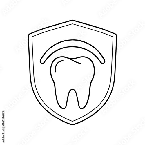Simple Black and White Tooth Icon Inside Protective Shield Symbol.