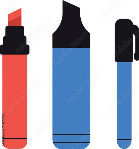 Vibrant highlighters and marker pen set isolated graphic design elements vector
