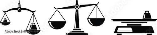 Weighing scale icon vector set, balance and platform symbols, measurement tool clipart, justice and weight design, black and white graphic illustration