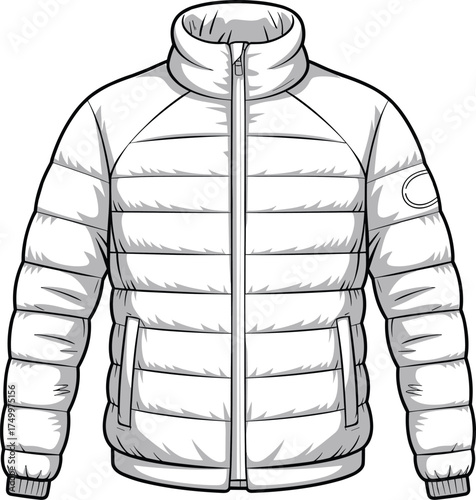 Puffer, jacket, white, winter, coat, quilted, padded, zipper, collar, sleeve, fashion, apparel, outerwear, insulated, warm, stylish, vector, illustration, patch, design