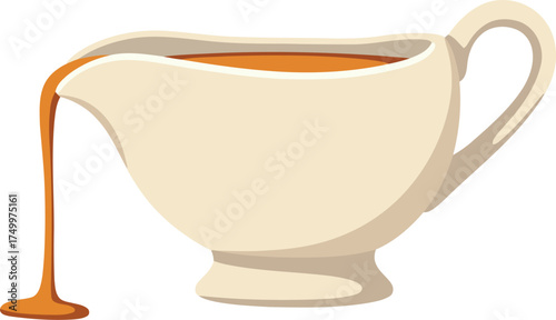 Creamy gravy pouring from elegant gravy boat appetizing food illustration vector