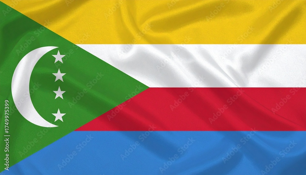 Obraz premium Comoros national flag with horizontal yellow, white, red, and blue stripes, green triangle with white crescent and four stars—symbolic, Islamic, and archipelagic.