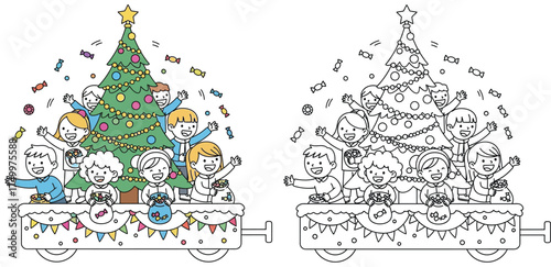 Happy Children Celebrating Christmas on a Festive Parade Float with Sweets and a Decorated Tree - Holiday Season Vector Illustration