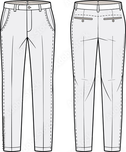 Trousers, pants, fashion, sketch, technical, flat, vector, illustration, front, back, design, apparel, garment, outline, stylish, formal, pocket, waistband, cuffed, tailored