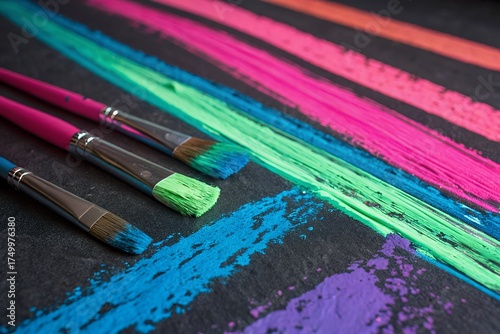 Vibrant neon chalk strokes and art brushes on a dark surface
