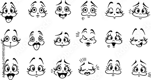 Cute cartoon animal faces vector set, expressing various emotions, happy, sad, playful, winking, surprised, adorable dog or bunny expressions, perfect for children's designs or stickers.